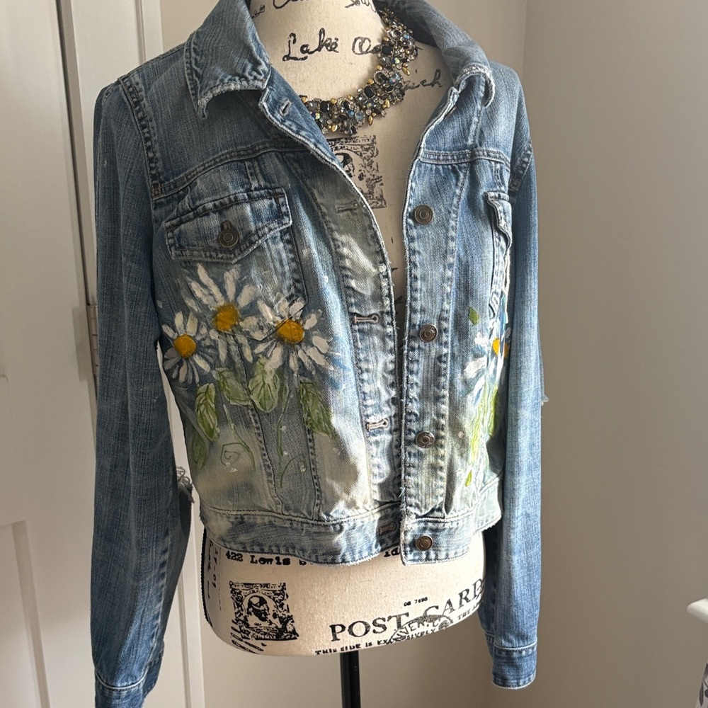 Daisy hand painted distressed  Denim Jacket